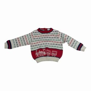 Vintage Baby Boy Sweater 18 Months White Red Train Knit Pullover Sweater